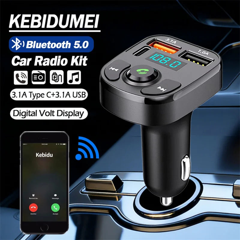 Bluetooth 5.0 FM Transmitter Car Radio Kit with Type C and Dual USB