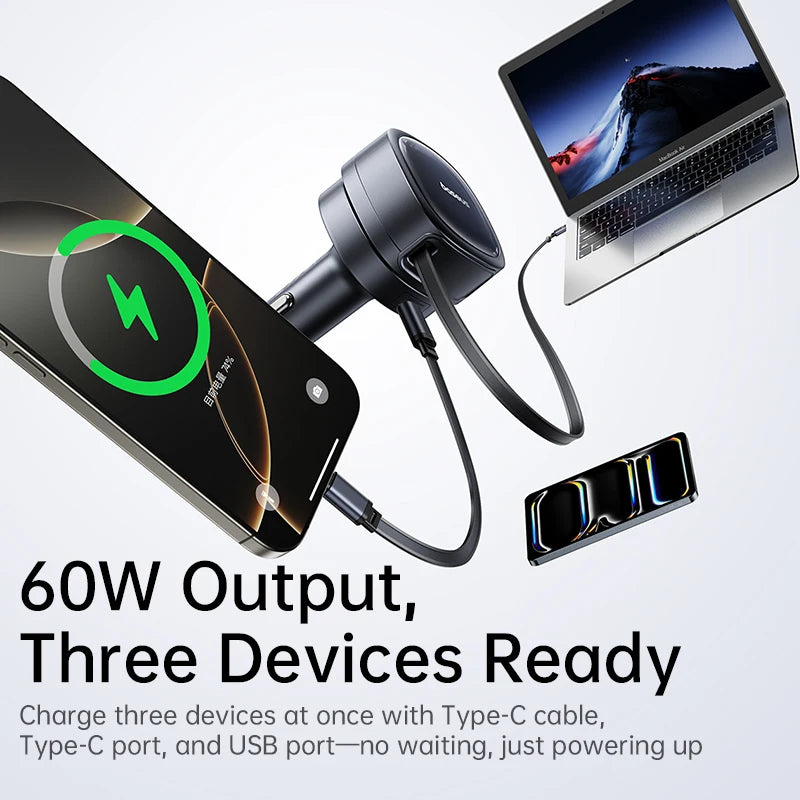 60W Retractable Fast Car Charger with 3 Ports