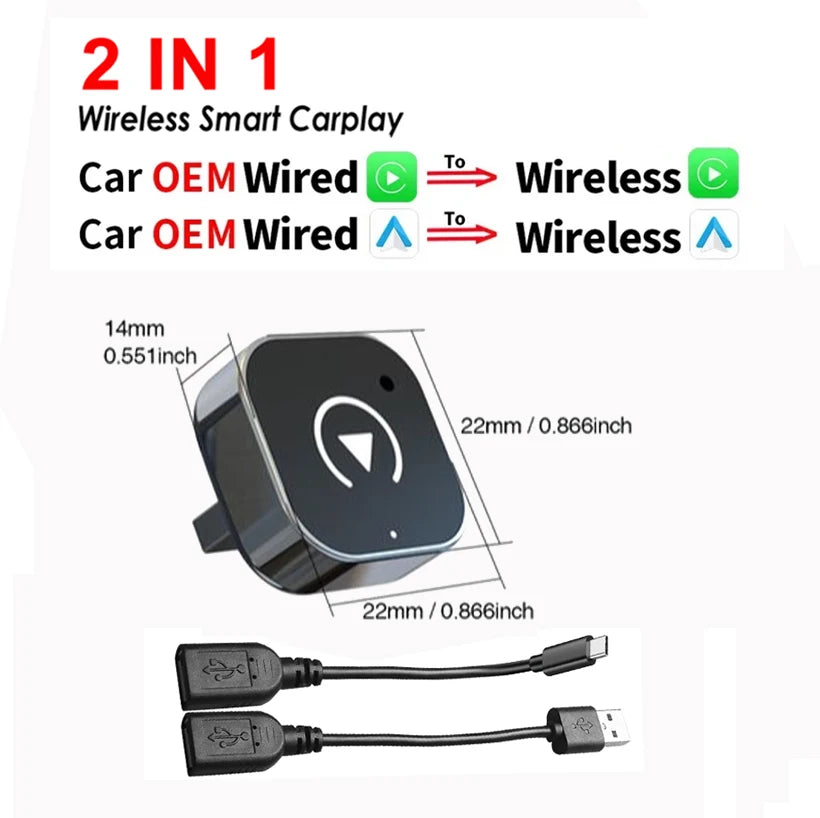 Wireless CarPlay and Android Auto 2-in-1 Adapter for Wired Car Systems