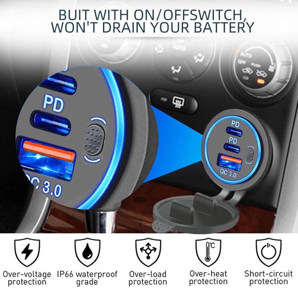 78W Triple Port USB-C Fast Car Charger Socket - 16