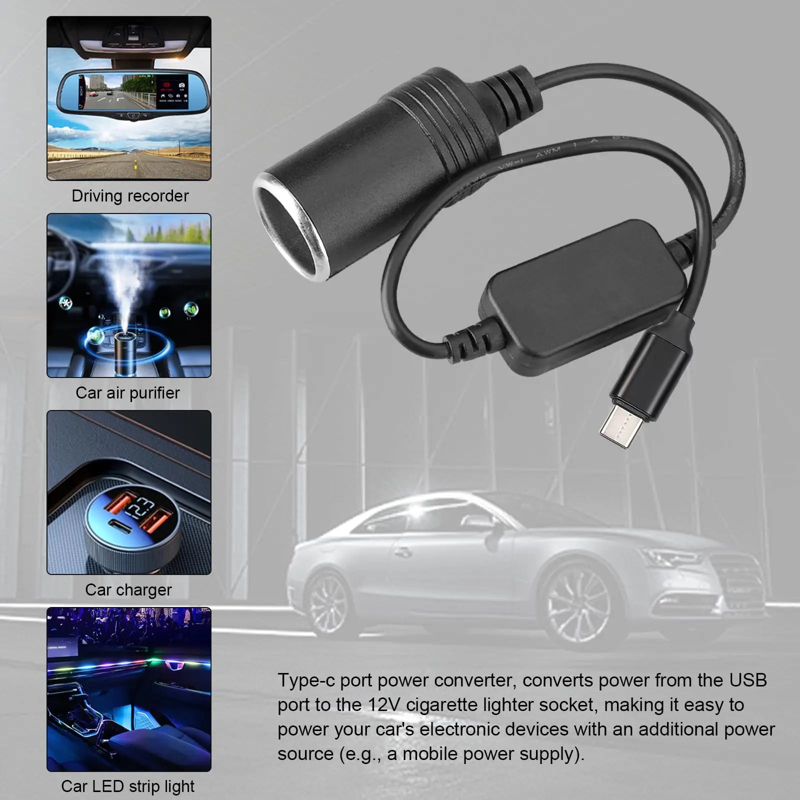 USB to 12V Car Cigarette Lighter Socket Power Adapter Converter