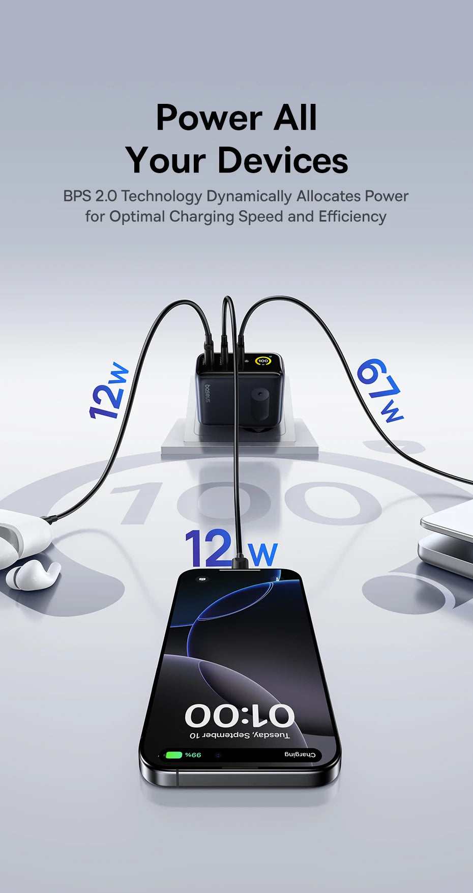 100W GaN Fast Charger with Digital Power Display and Foldable Plug