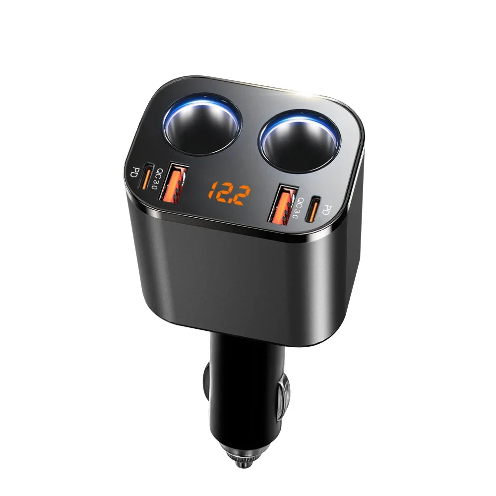 6-in-1 Retractable Fast Car Charger Adapter with Dual Lighter Ports - 16