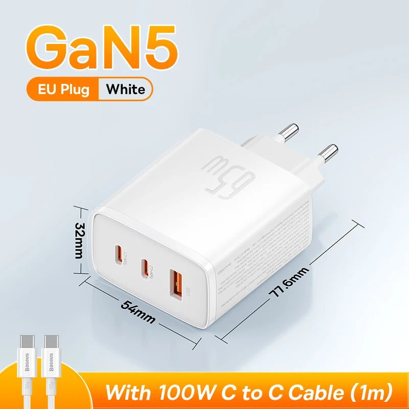 65W GaN Fast Wall Charger for Laptops and Smartphones