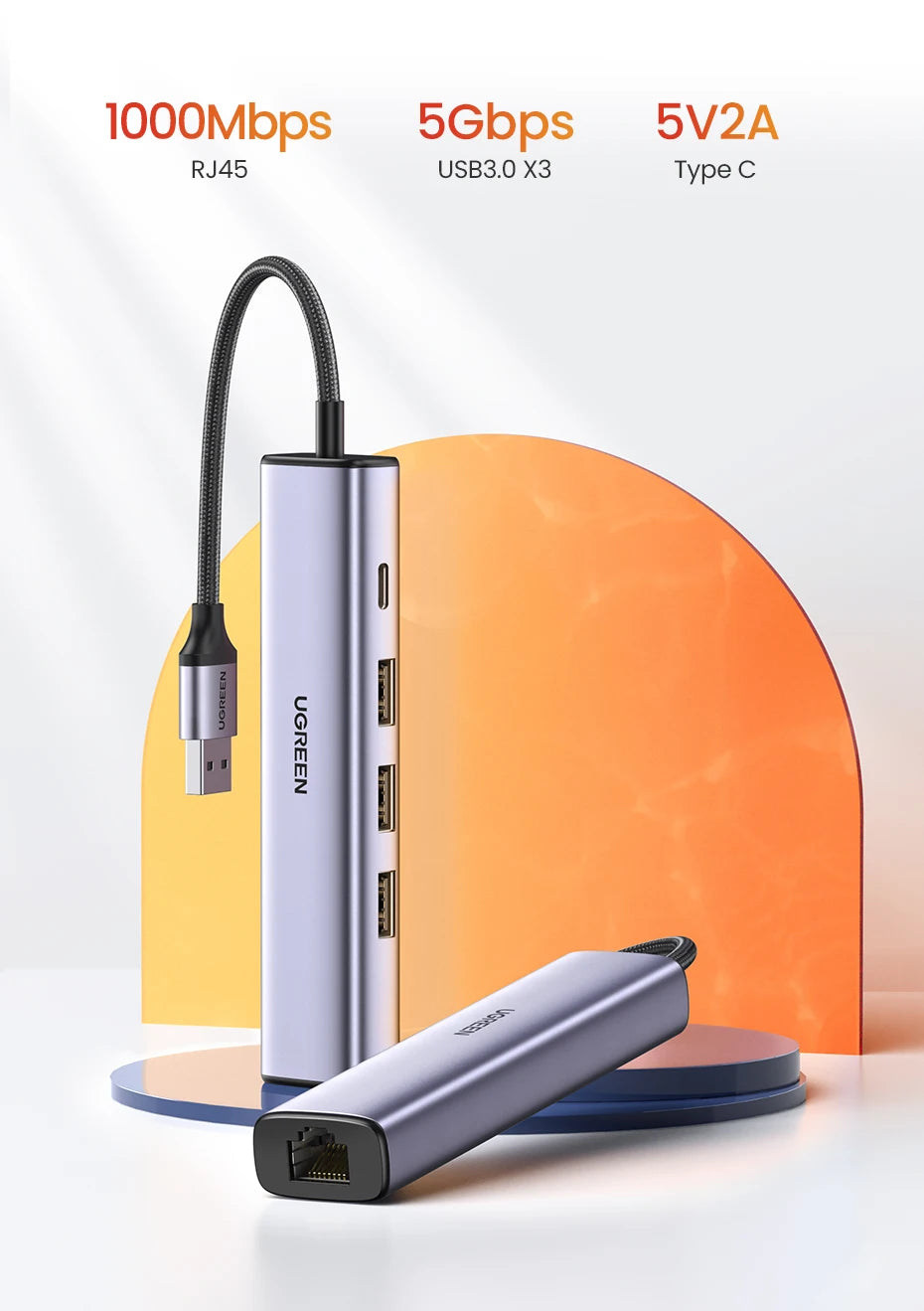 USB 3.0 to Gigabit Ethernet Adapter with 3-Port USB Hub