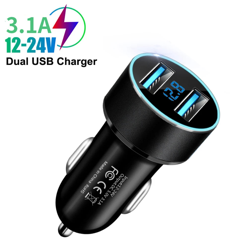 3.1A Dual USB Car Charger with LED Digital Voltage Display 12V 24V