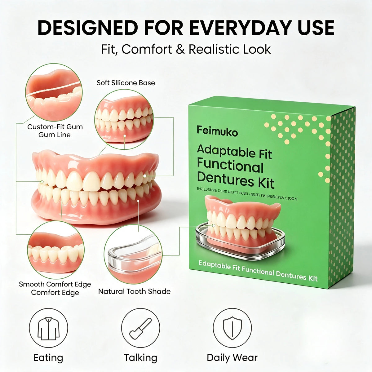 Comfort Fit Silicone Snap-On Dentures for Instant Smile
