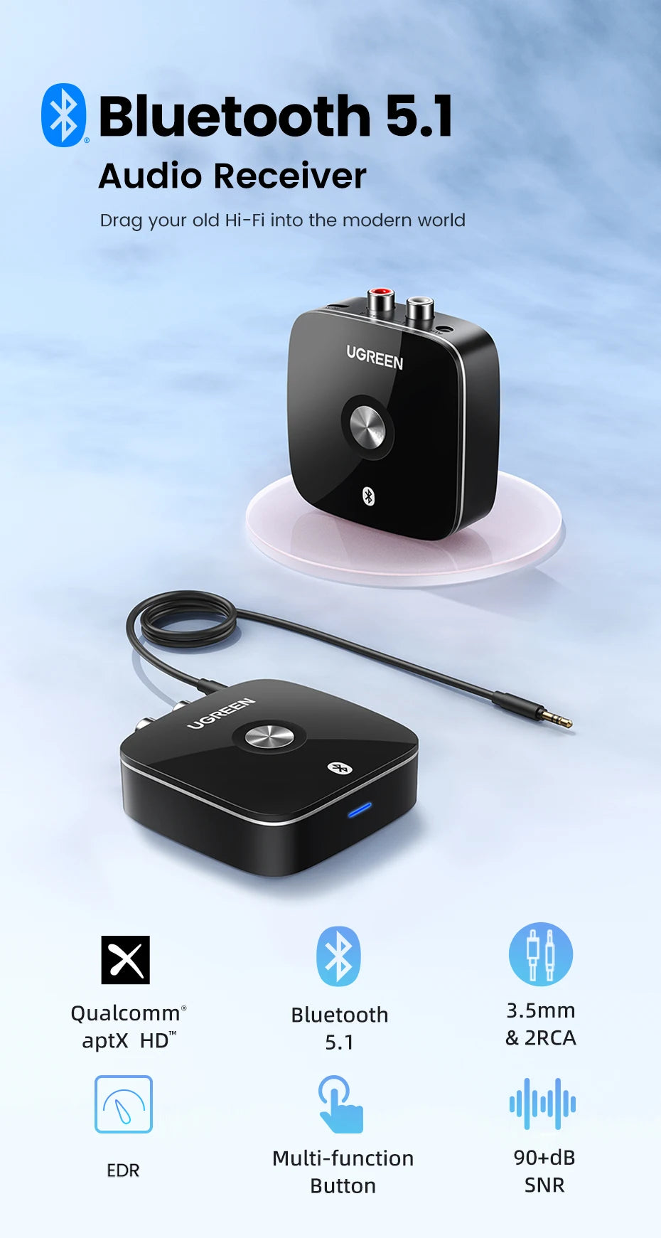 Bluetooth 5.1 aptX HD Audio Receiver for Wired Speakers - 7
