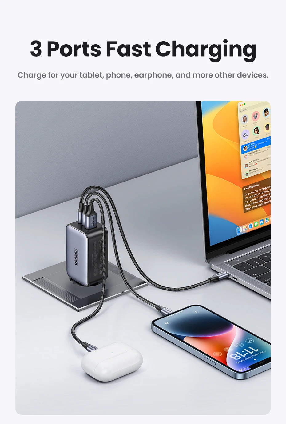 65W GaN Fast Wall Charger with 3 Ports for Laptops and Phones