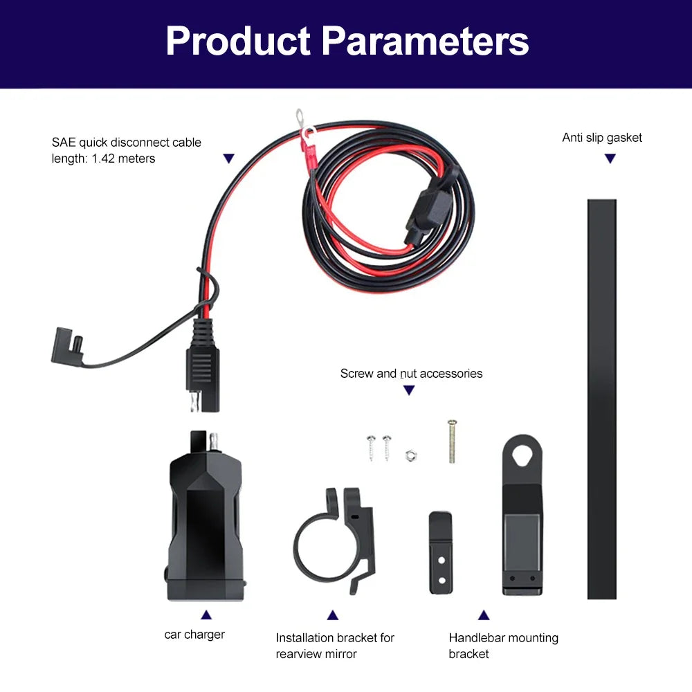 48W Dual USB-C & USB-A Motorcycle Phone Charger with Voltmeter