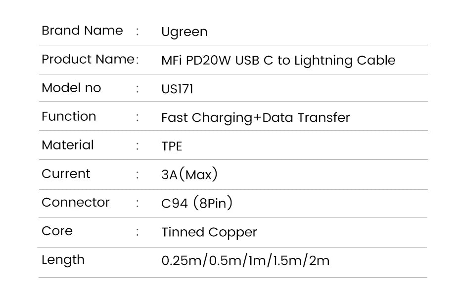 USB-C to Lightning PD 20W Fast Charging Cable