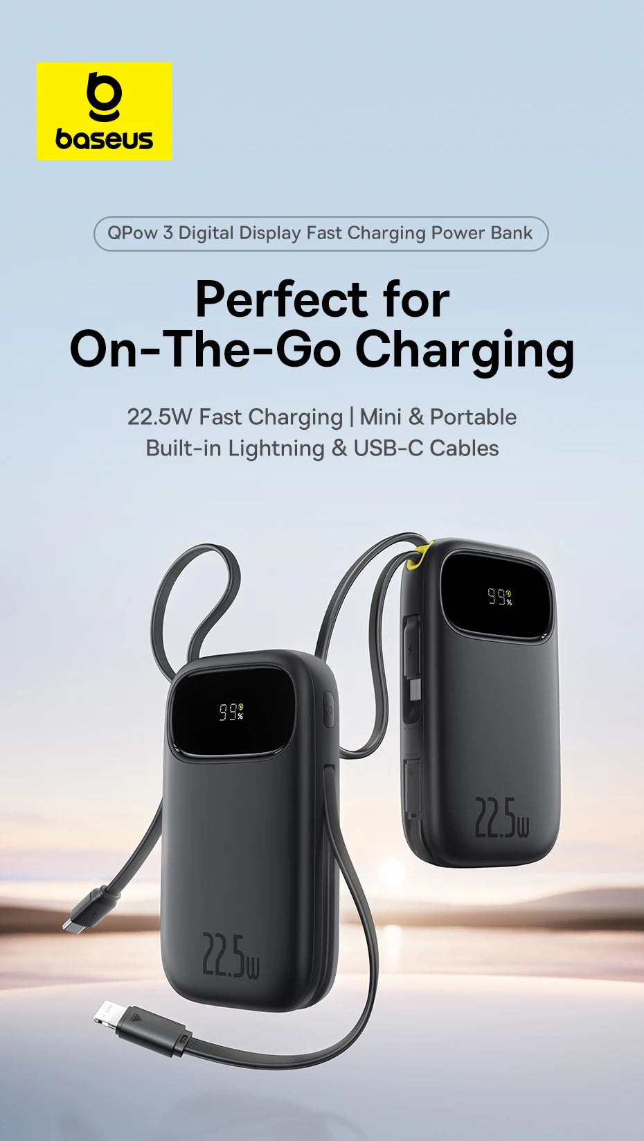 22.5W Fast Charging Power Bank with Built-in Cables
