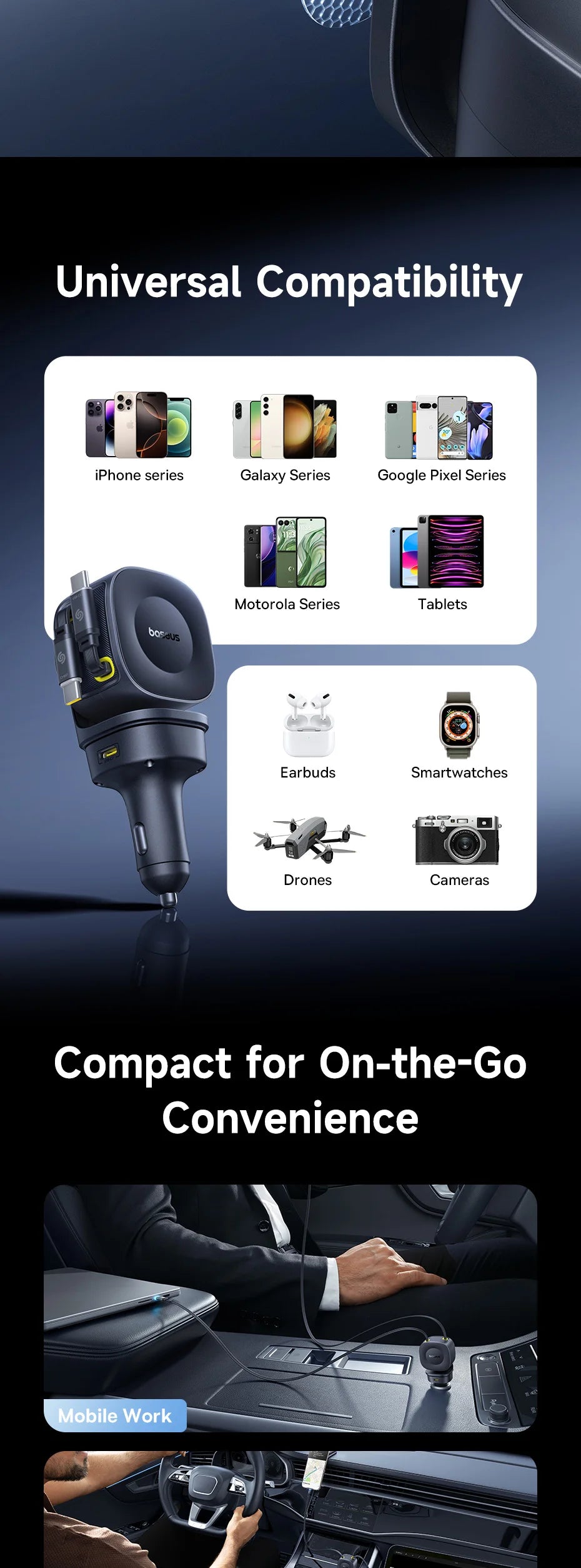 100W Fast Charging 4-Port Retractable Car Charger