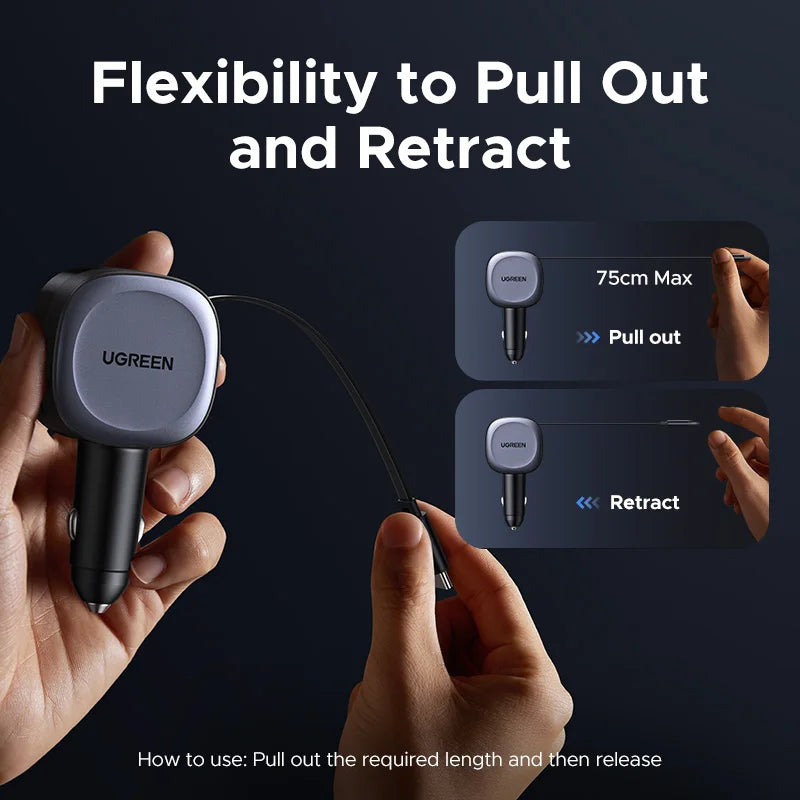 75W Fast Car Charger with Retractable Cables