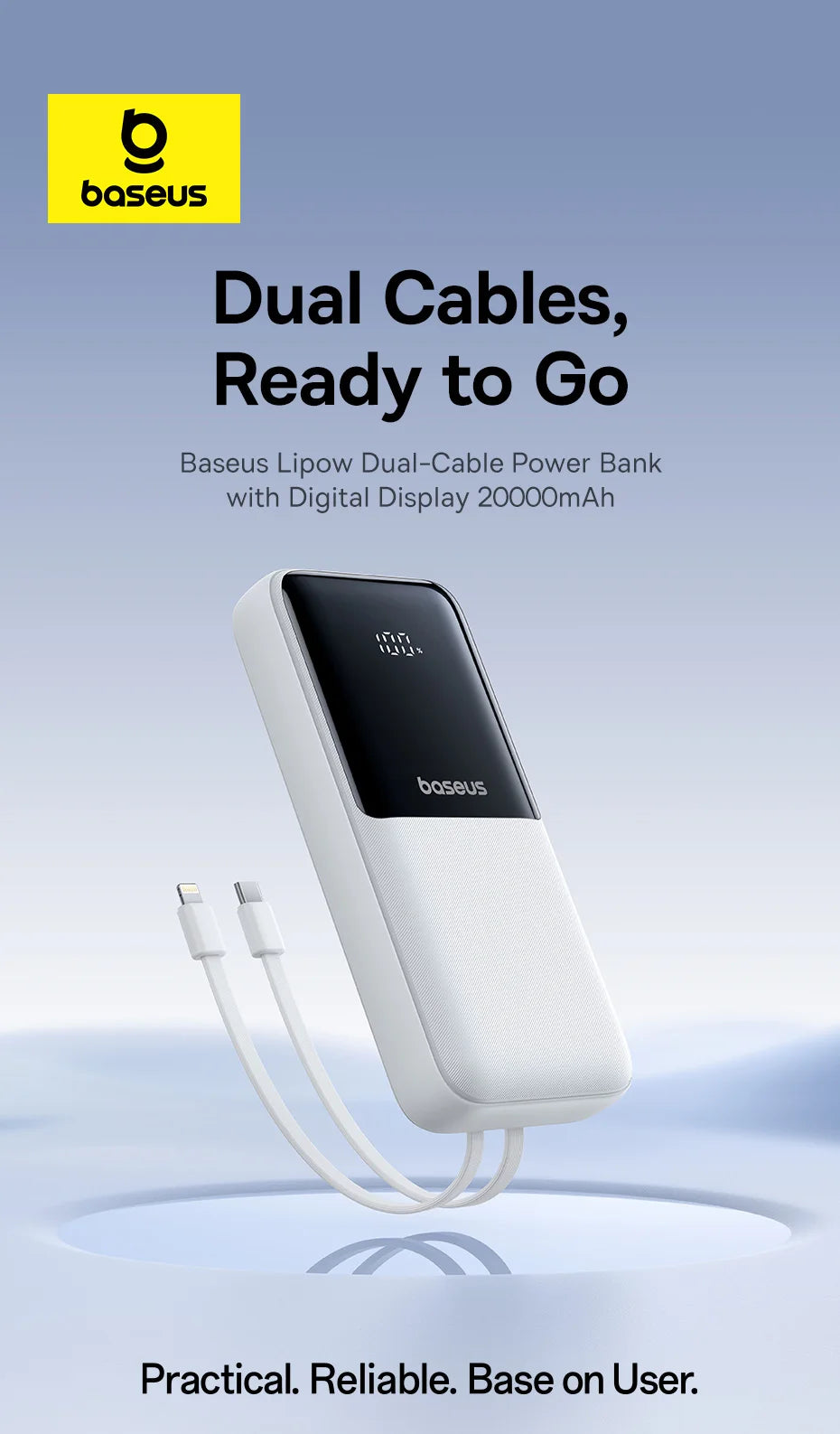 20000mAh Portable Power Bank with Integrated Fast Charging Cables