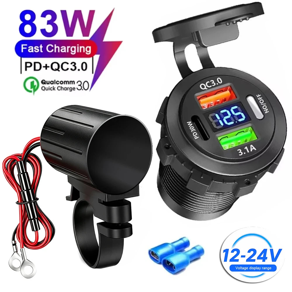 83W Motorcycle Handlebar USB Fast Charger with Voltmeter