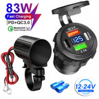83W Motorcycle Handlebar USB Fast Charger with Voltmeter