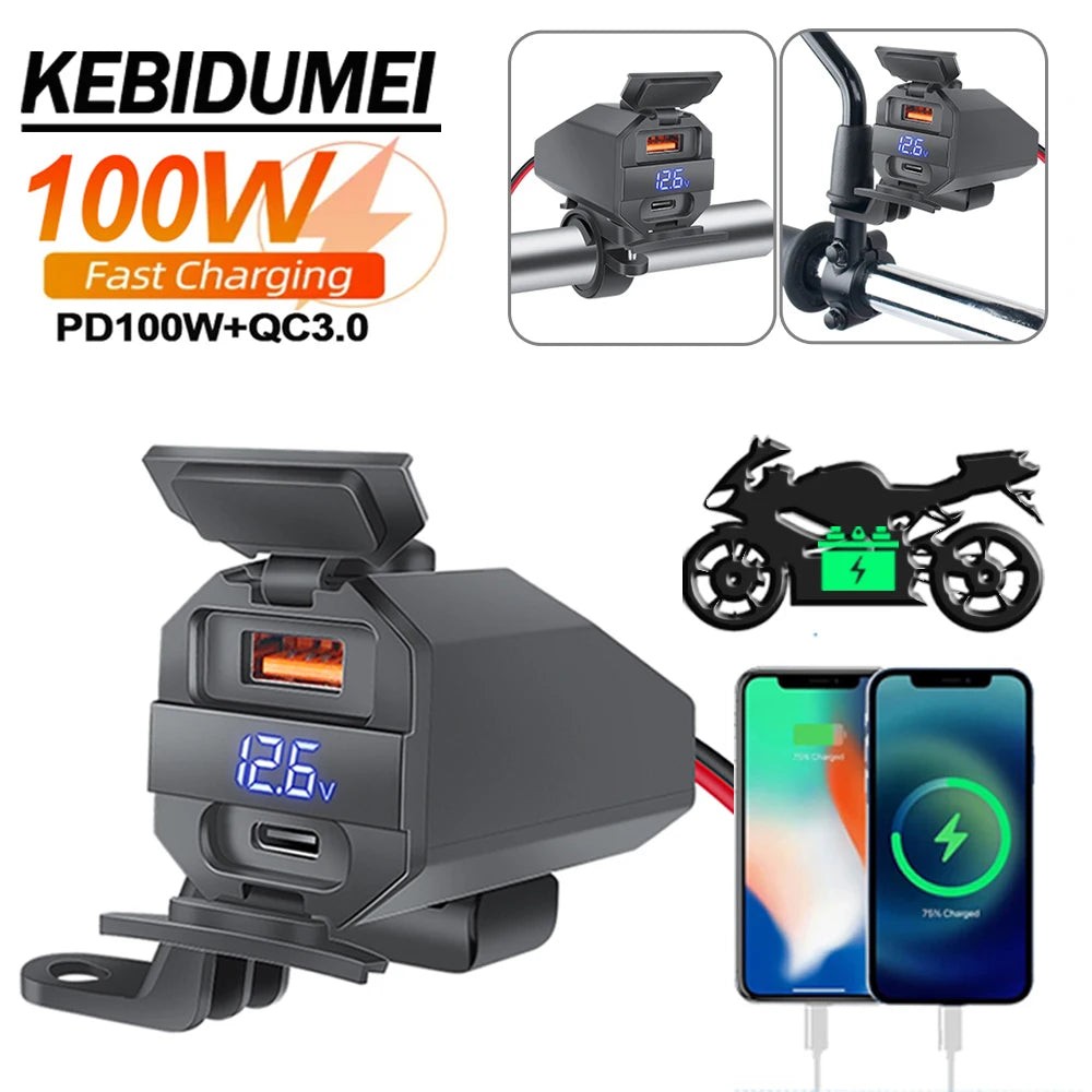 100W Fast Motorcycle USB Charger with Voltage Display