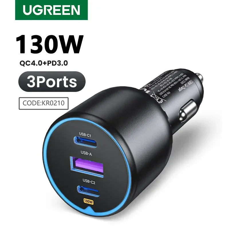 130W 3-Port Fast Car Charger for Laptops and Smartphones