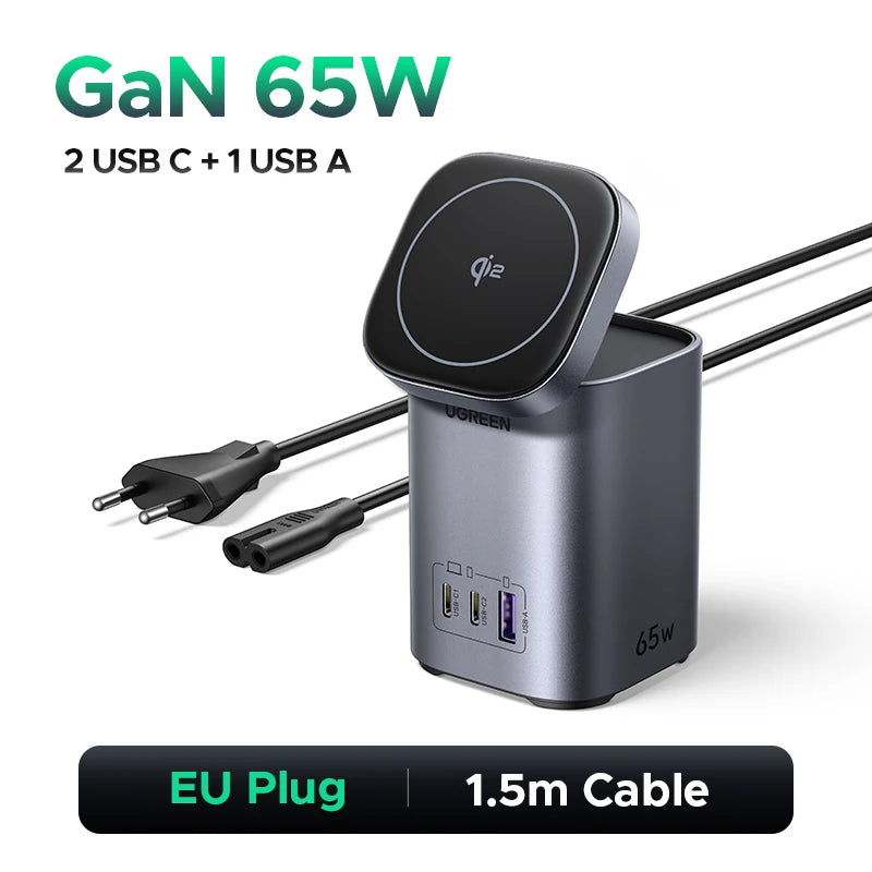 65W Desktop Charger with 15W Qi2 Magnetic Wireless Charging Stand - 28