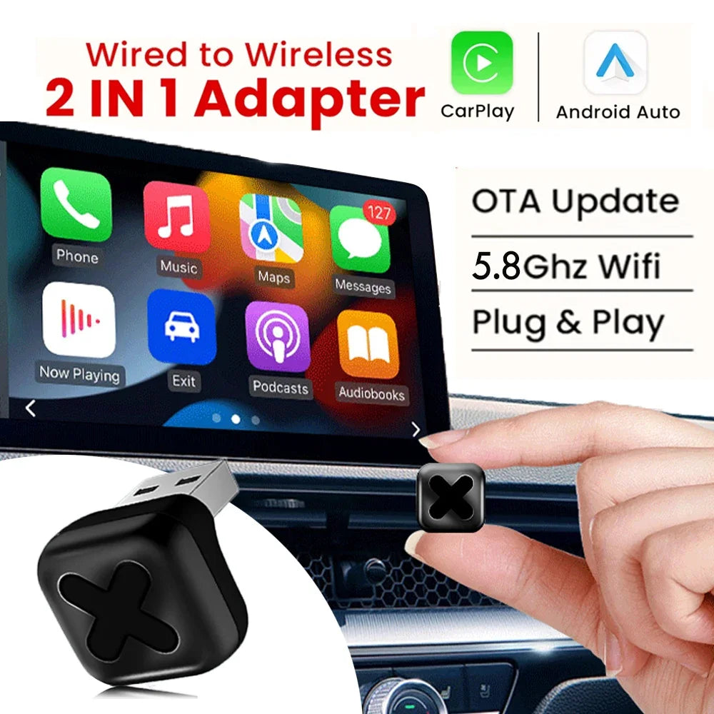 5.8GHz 2 in 1 Wired to Wireless CarPlay and Android Auto Adapter