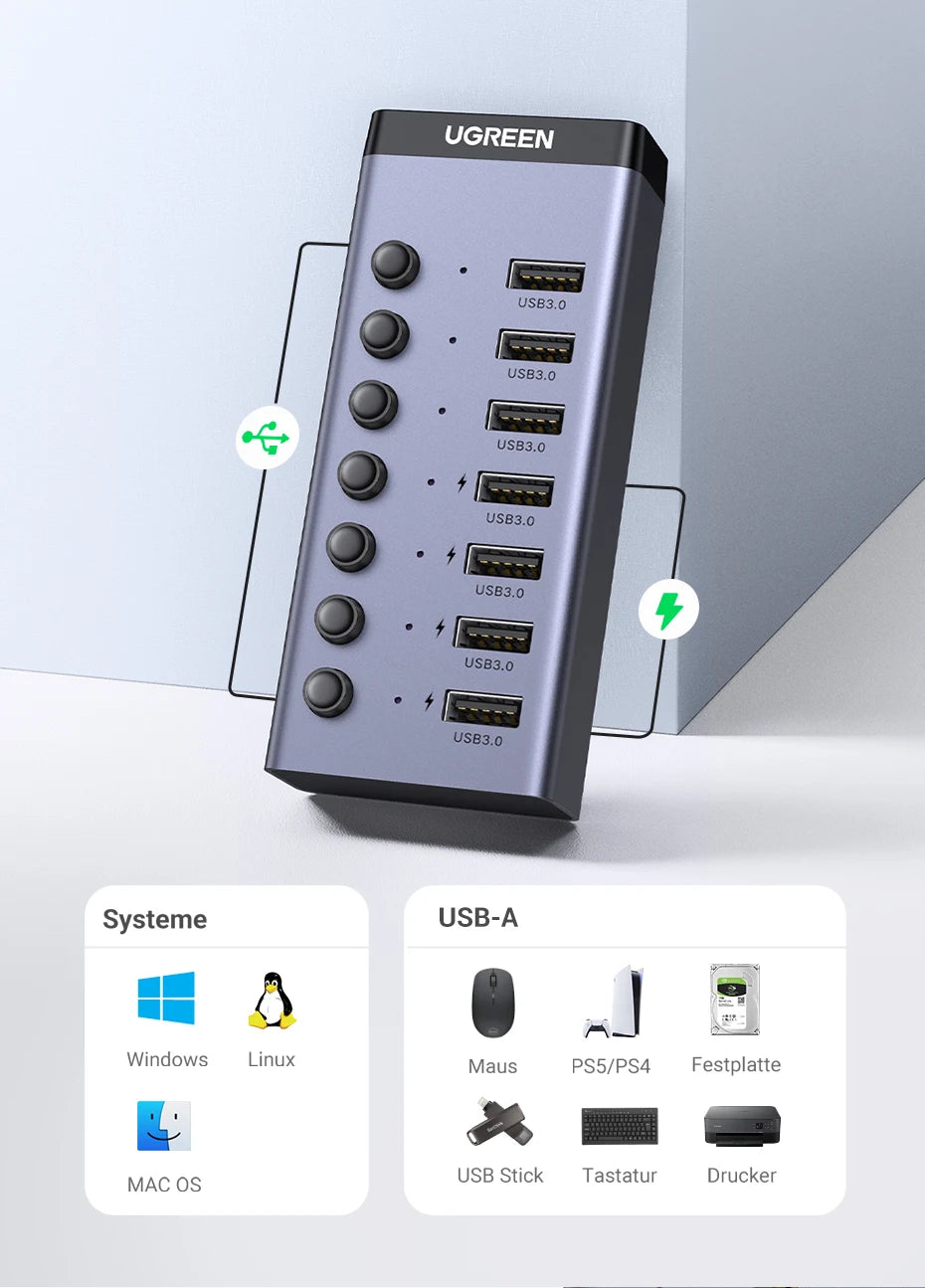 7-Port USB 3.0 Data Hub with Individual Switches and Power Adapter - 12