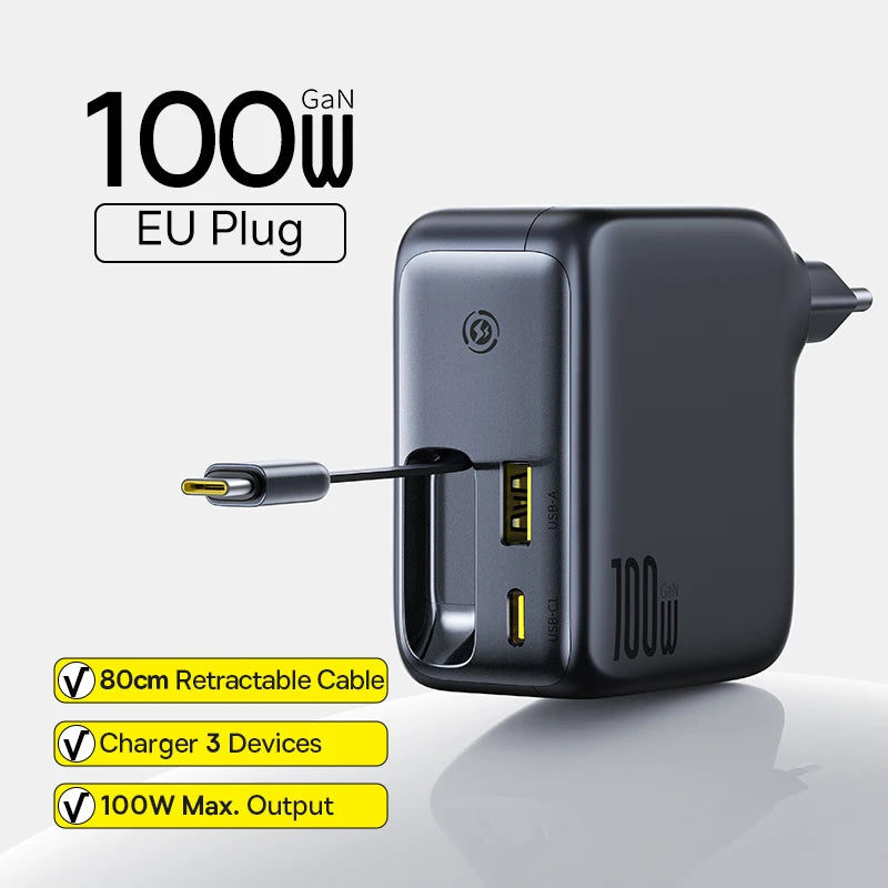 67W GaN Fast Charger with Retractable USB-C Cable for Laptops and Phones - 42