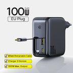 67W GaN Fast Charger with Retractable USB-C Cable for Laptops and Phones