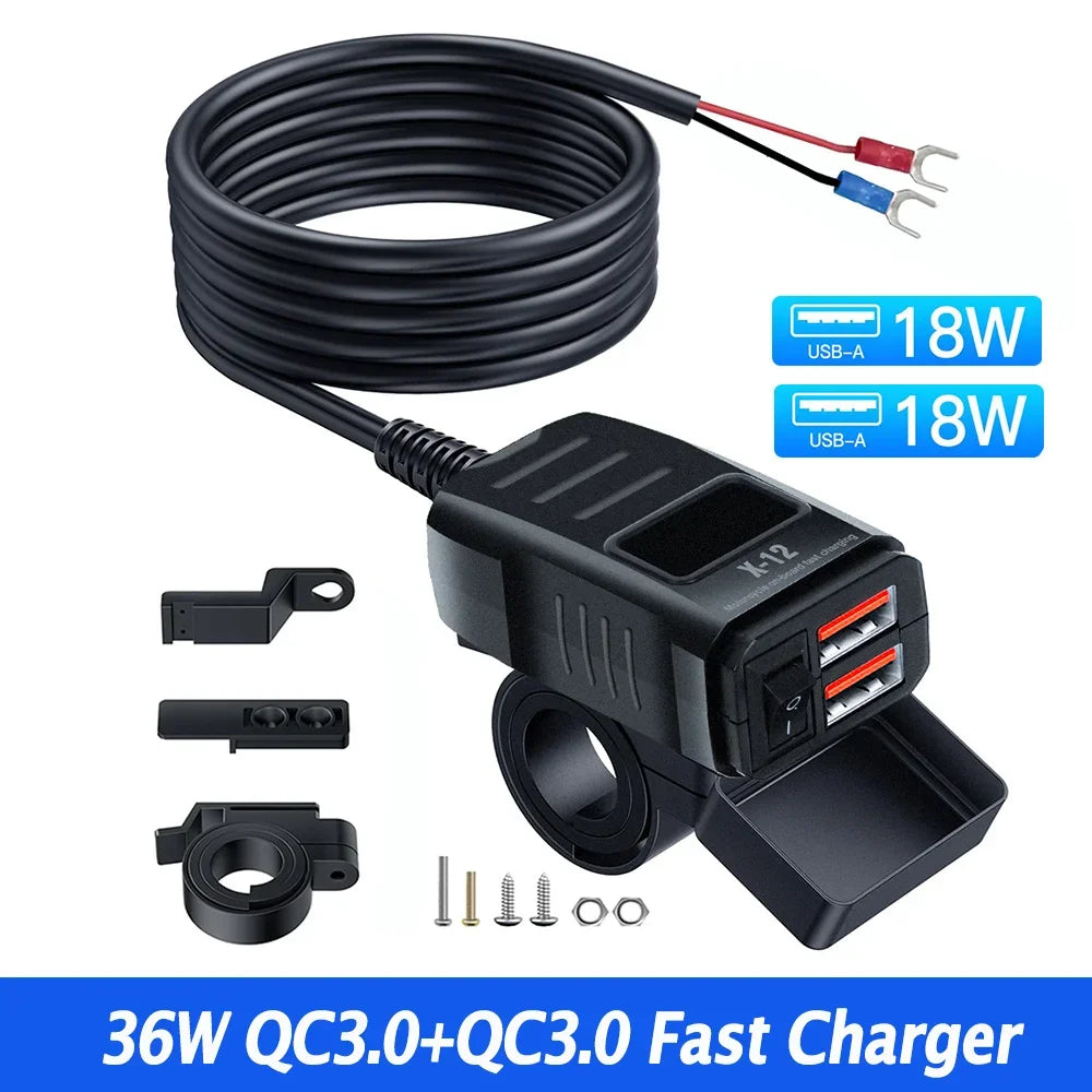 Motorcycle Handlebar USB Type C Charger with Voltmeter and Power Switch