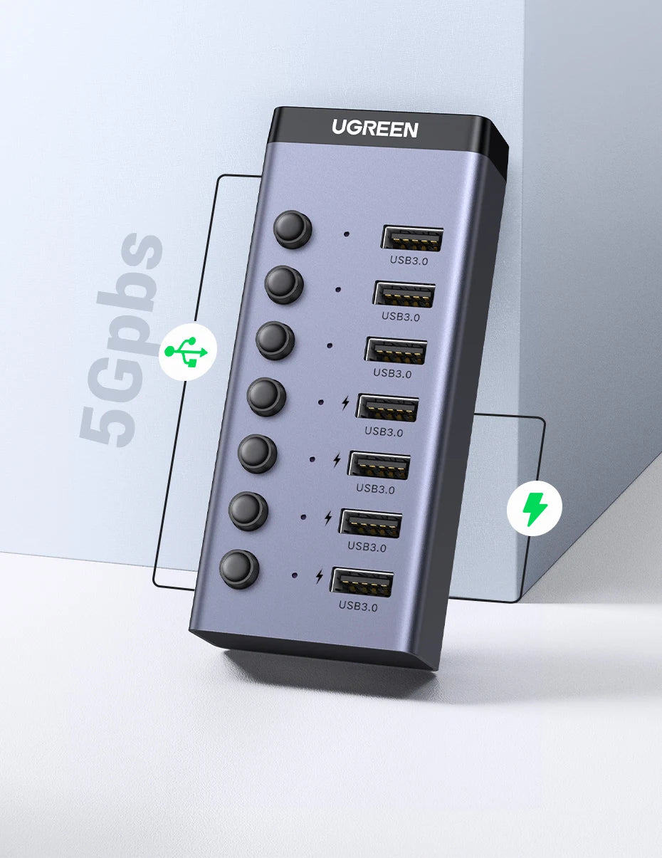 7-Port USB 3.0 Data Hub with Individual Switches and Power Adapter