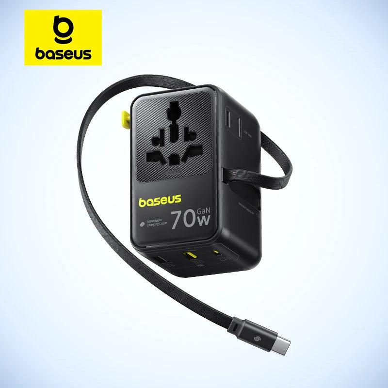 70W GaN Universal Travel Power Adapter with Retractable Cable - 1