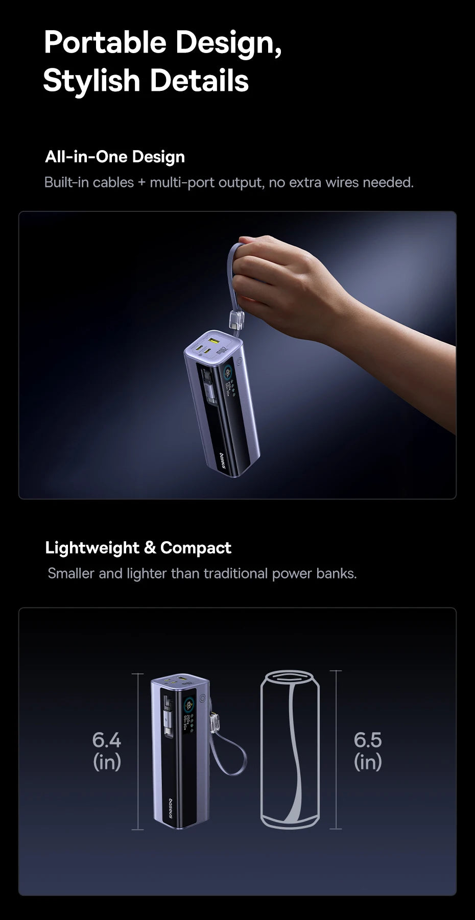 200W 25000mAh Fast Charging Power Bank with Retractable Cables