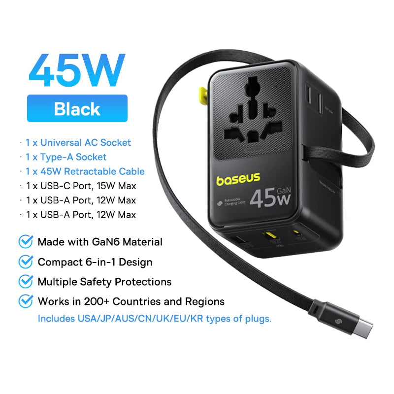 6-in-1 Universal Travel Adapter with 45W Fast Charging and Cable