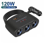 120W 3-Way Car Cigarette Lighter Splitter with USB Fast Charging