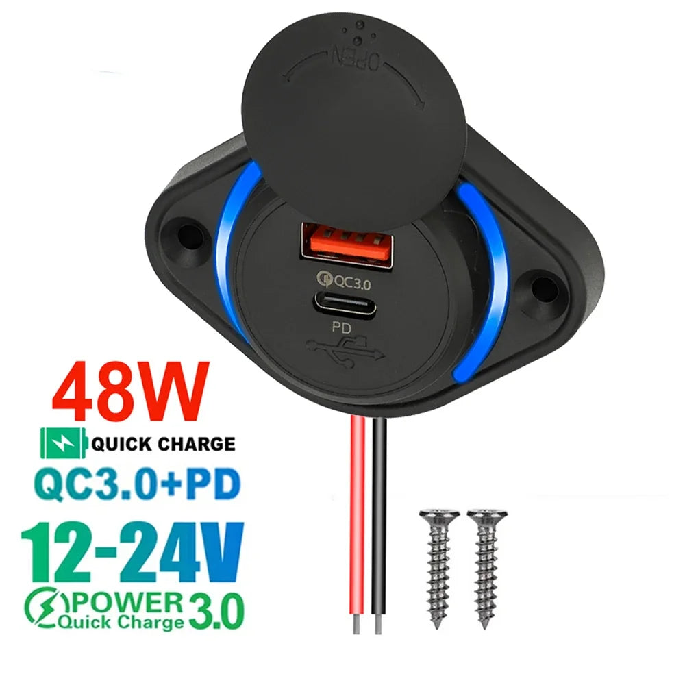 Dual Port USB PD and QC3.0 Power Socket for 12V 24V Vehicles