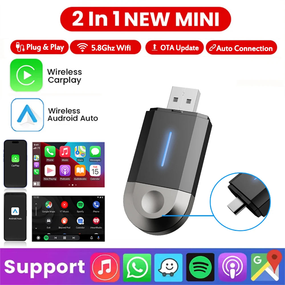 2 in 1 Wireless CarPlay and Android Auto Adapter Bluetooth 5.3 WiFi