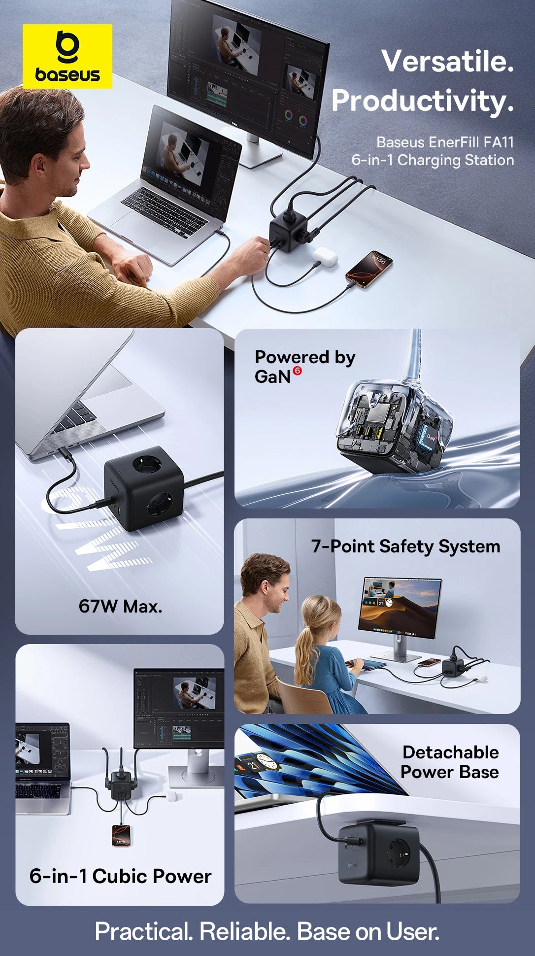 67W GaN Fast Charger Power Strip with 3 AC Outlets and USB Ports - 10