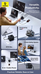 67W GaN Fast Charger Power Strip with 3 AC Outlets and USB Ports