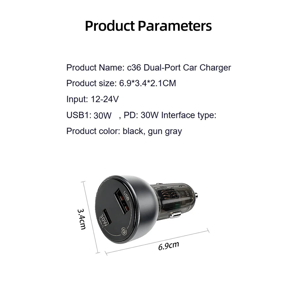 60W Dual Port USB Car Charger with PD QC3.0 Voltmeter and Ambient Light