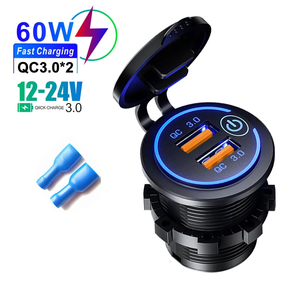 Dual QC 3.0 USB Fast Car Charger Socket 12V/24V Waterproof Outlet - 22