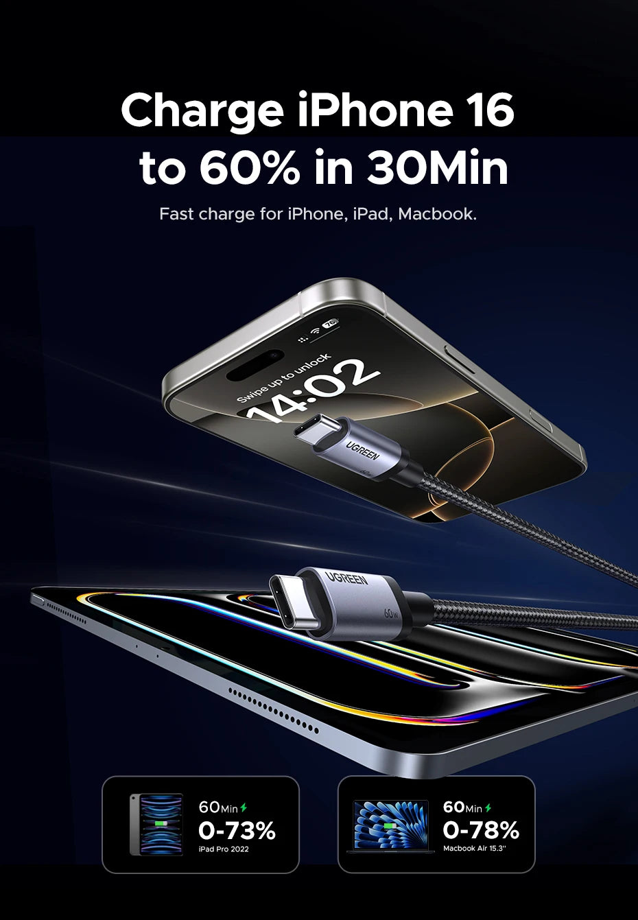 60W USB-C to USB-C Fast Charging and Data Sync Cable - 9