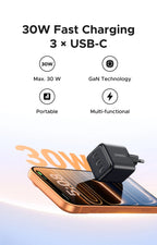 30W GaN Fast Wall Charger with 3 USB-C Ports