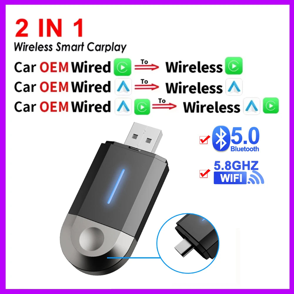 2 in 1 Wireless CarPlay and Android Auto Adapter Bluetooth 5.3 WiFi