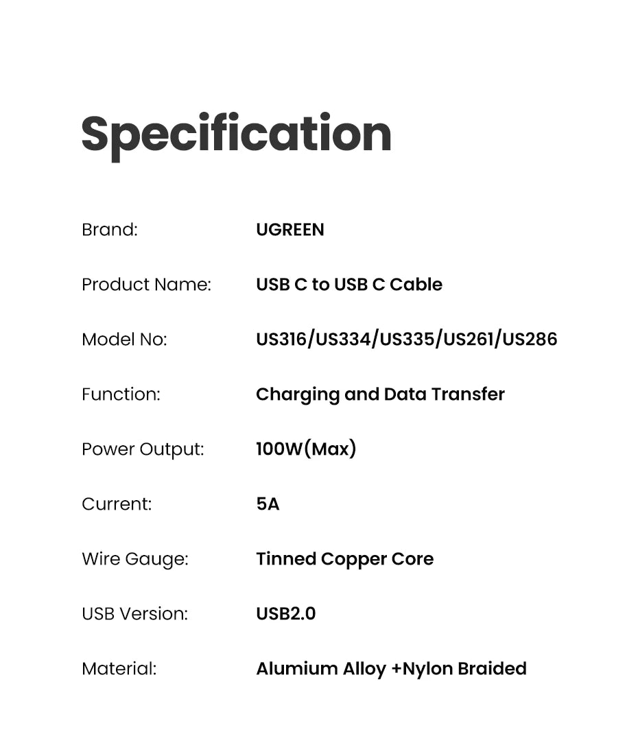 100W USB-C to USB-C Fast Charging and Data Sync Cable - 20