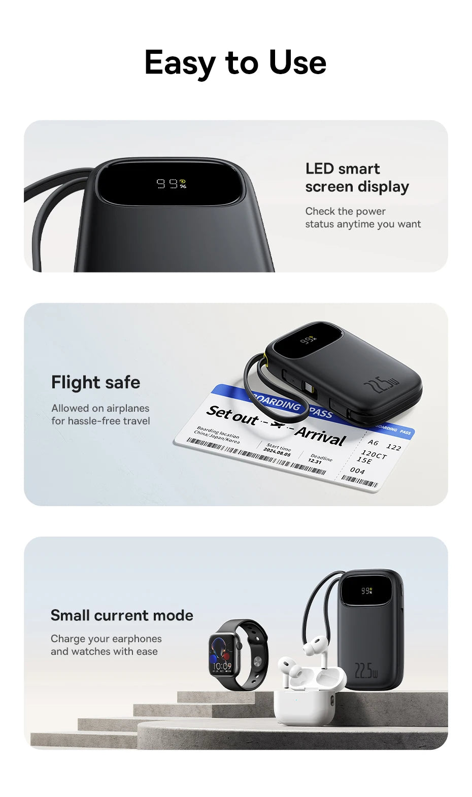 22.5W Fast Charging Power Bank with Built-in Cables