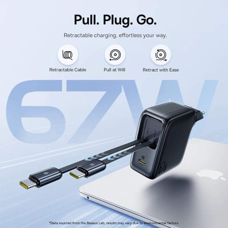 67W GaN Fast Charger with Built-in Retractable Cables