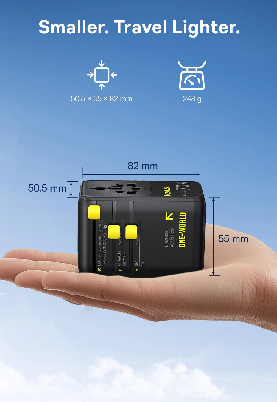 70W GaN Universal Travel Power Adapter with Retractable Cable