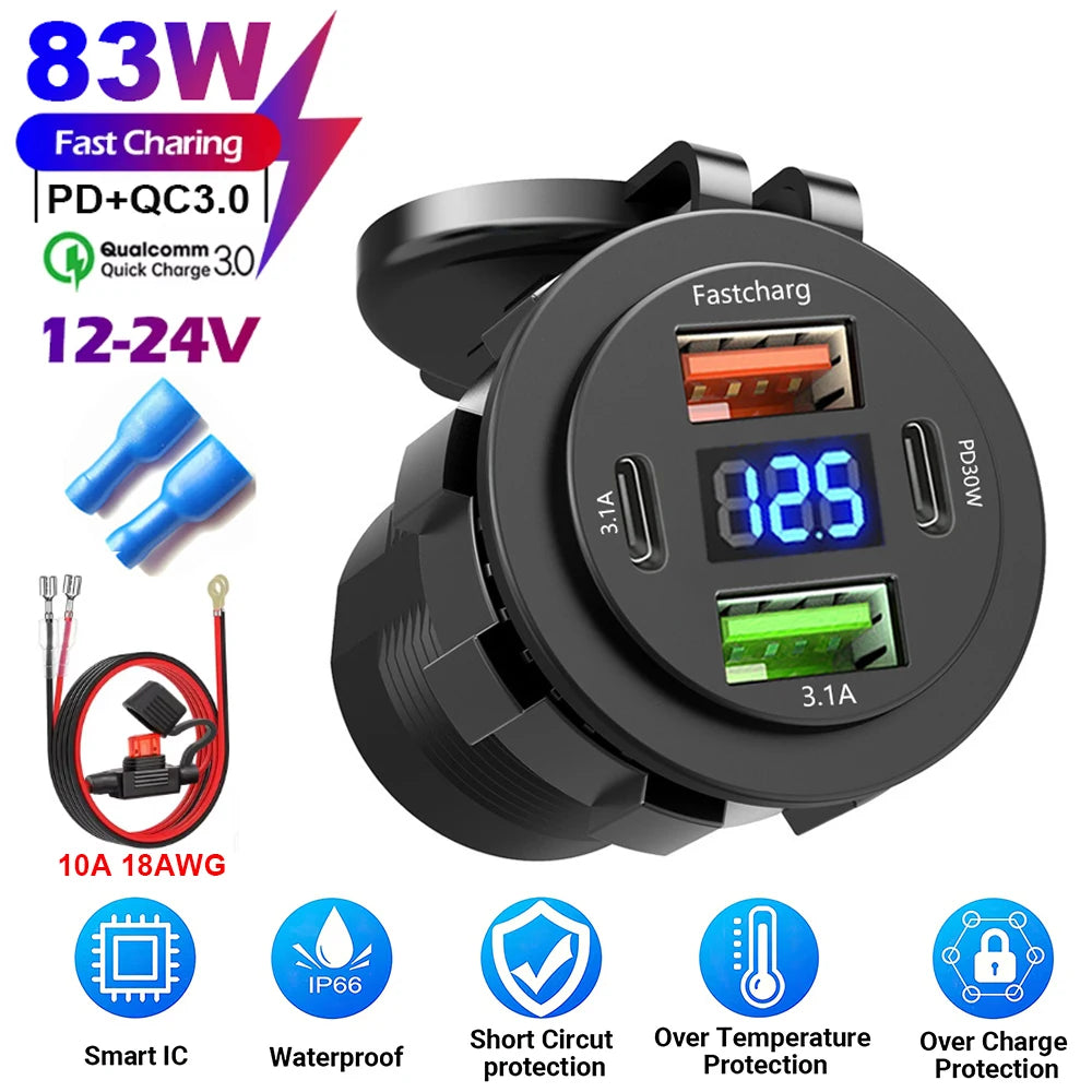 83W 4 Port USB and USB-C Fast Car Charger Socket for 12V 24V Vehicles