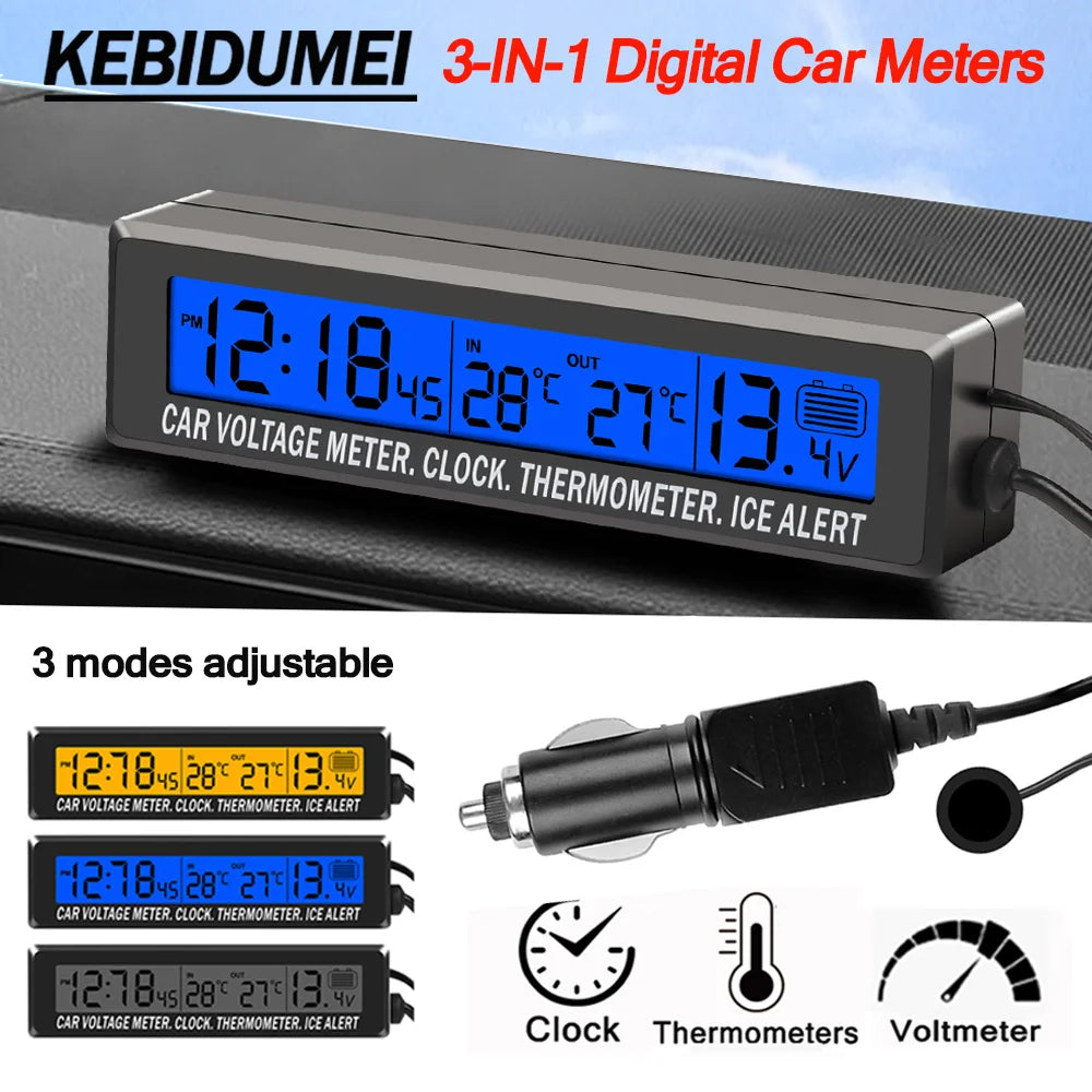 3 in 1 Car Digital Clock Thermometer and Battery Voltage Voltmeter