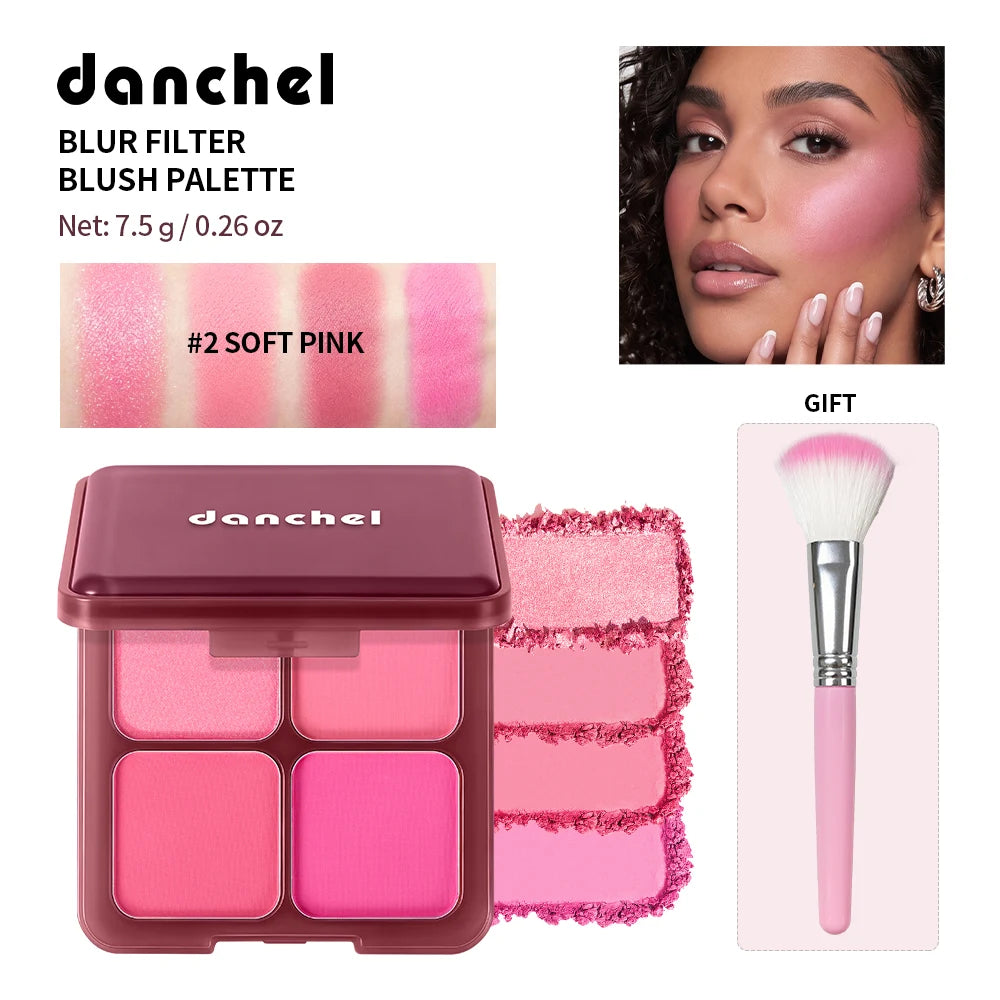 4-Color Matte Blush Palette with Makeup Brush